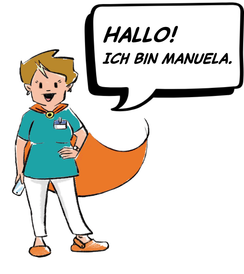 Comic Sprechblase: 'Hallo! Ich bin Manuela.'